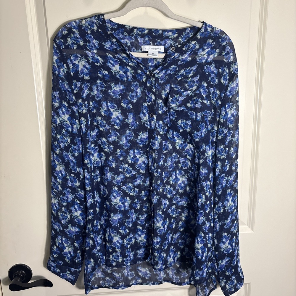 Liz Claiborne Long Sleeve Blouse XL Blue Sheer Floral Button Top Cottagecore